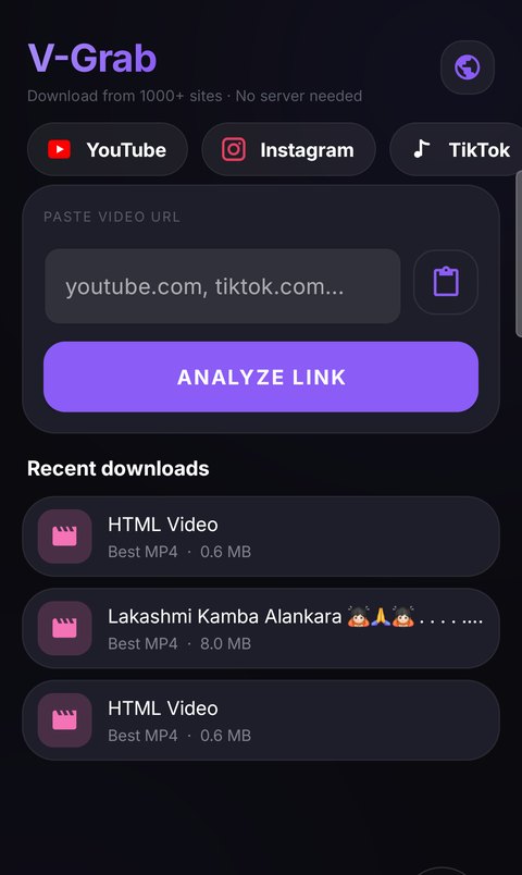 V-Grab app home screen — paste any video link and download