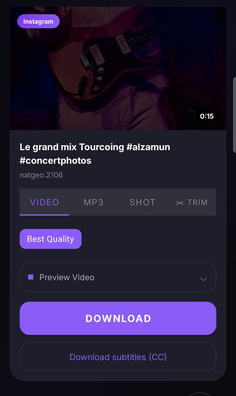 V-Grab analyzing an Instagram video with quality, MP3 and subtitle options